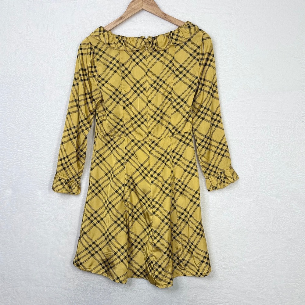 Urban Outfitters Yellow Plaid Ruffle Mini Dress Long Sleeve Mustard Black Small - Picture 3 of 9